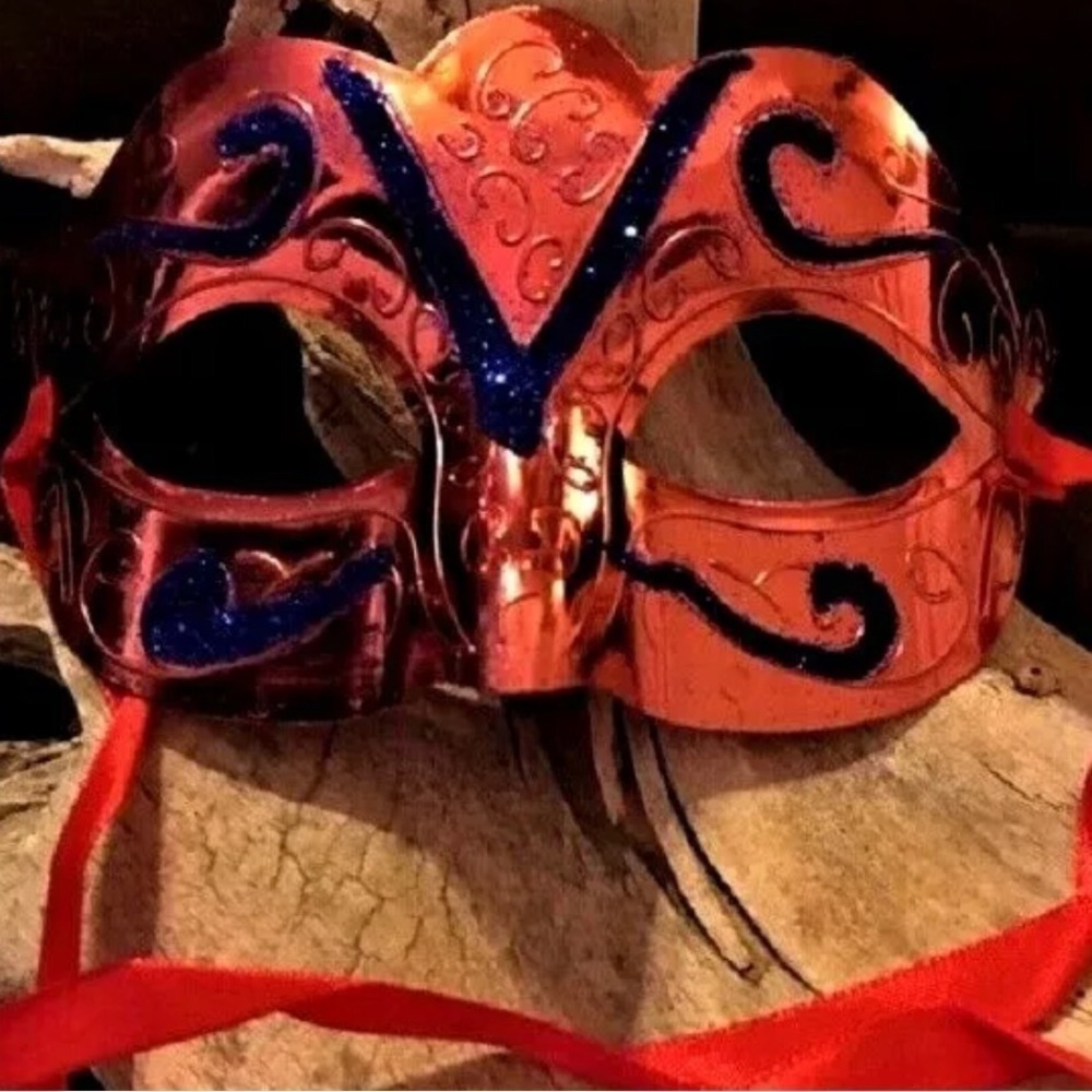 Masquerade Mask Mirror Metallic Red with Sequins and Ribbon’s OS